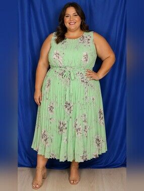 Jessica London 24W Mint Green Floral Pleated Midi Dress Wedding